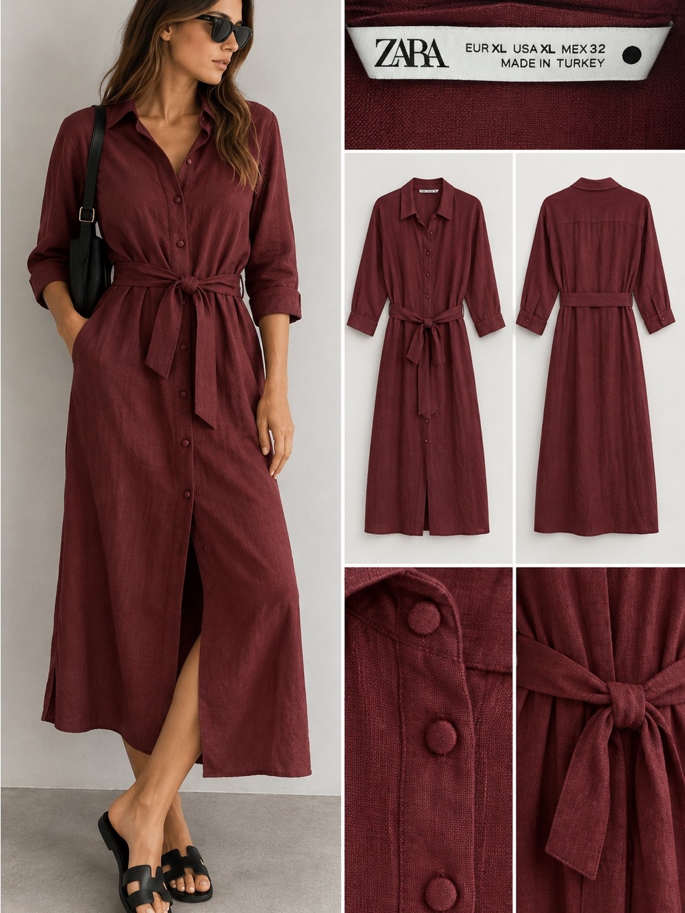 ZARA Burgundy Button-Front Maxi Shirt Dress with Tie Waist